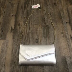 Vintage Satin Party Silver Envelope Clutch with Gold Chain Strap Y2K Made in USA